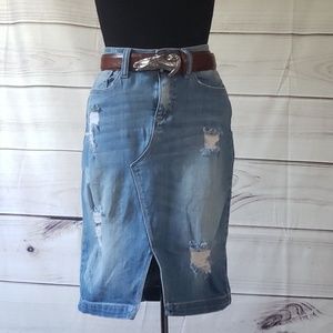High waist distressed Jean skirt